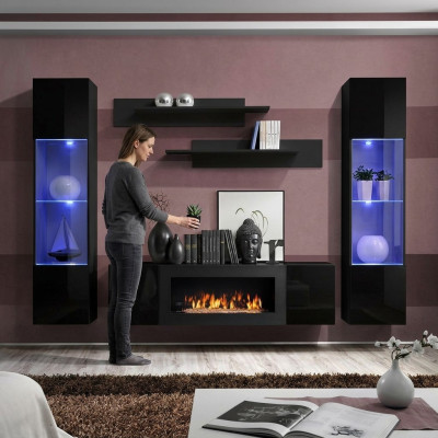 Designer Schwarz Wohnwand Holzmöbel Hänge Vitrine Luxus Sideboard Wand Regale