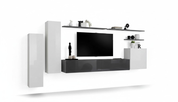 Set 7 tlg Wohnzimmer TV-Ständer Schrank Wandschrank Wohnwände Holz Modern Möbel