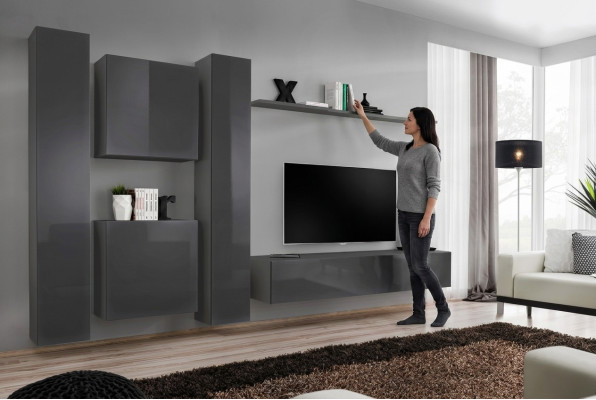 Designer Wohnwand Grau Luxus Wohnzimmermöbel Komplette Sideboard Möbel