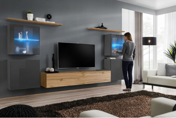 Designer Braun Wohnwand Wand Regale Schrank Wohnzimmer Holz Möbel Stil Modern