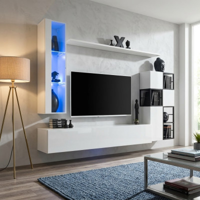Hänge Vitrine Weiß Wohnwand Designer TV Ständer Komplett 9tlg Holzmöbel Regale