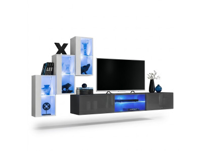 Grau Sideboard TV-Ständer Garnitur Wohnwand Komplett Wand Regale Wandschrank