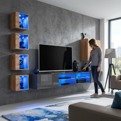 Wohnzimmer Wohnwand Grau Modern Möbel TV-Ständer Wandschrank Regale