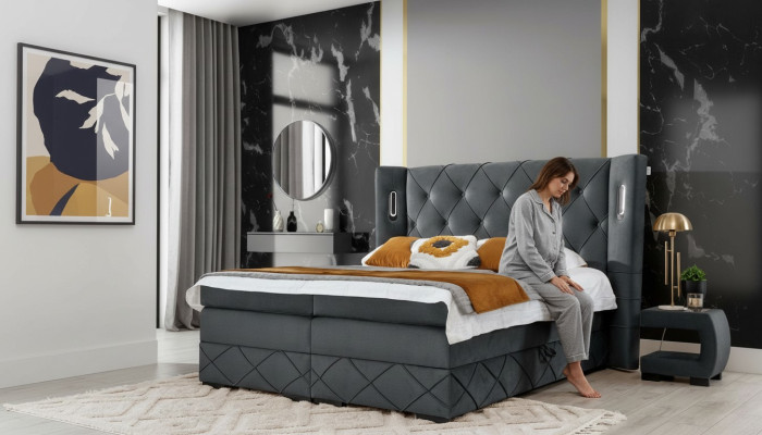 Schlafzimmer Bett Doppel Textil Betten Polster Komplett 2x Nachttische Holz