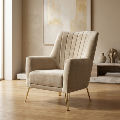 Design Sitzer Luxus Beige Sessel Relax Holz mit Edelstahl Sessel neu