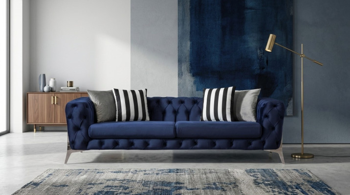Chesterfield Sofa 3 Sitzer Blau Samt luxuriös Möbel für Wohnzimmer Sofas