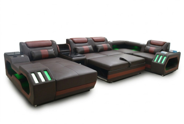 Luxus Ecksofa U-Form Wohnzimmer Sofa mit Bettfunktion Couch Möbel LED