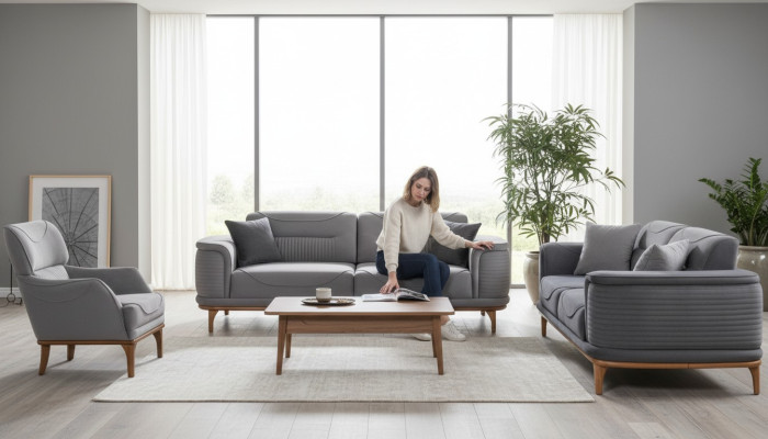 Modernes Graues Polstermöbel Set: Sofas und Sessel für Wohnzimmer Neu