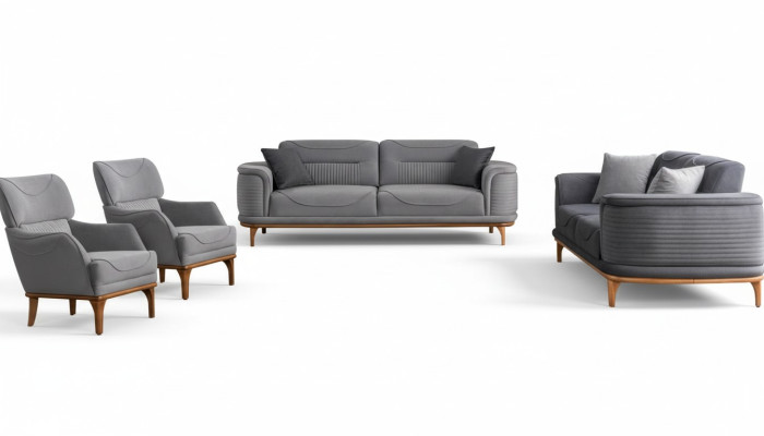Modernes Graues Polstermöbel Set: Sofas und Sessel für Wohnzimmer Neu