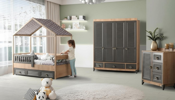 Graues Jugendzimmer Set Kinderzimmer Kommode Schrank und Bett 3tlg.