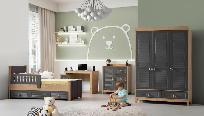Komplette Kindermöbel Kinderbett Holz Möbel Set 4tlg Kinderzimmer Grau