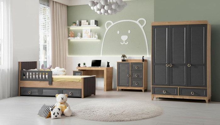 Komplette Kindermöbel Kinderbett Holz Möbel Set 4tlg Kinderzimmer Grau