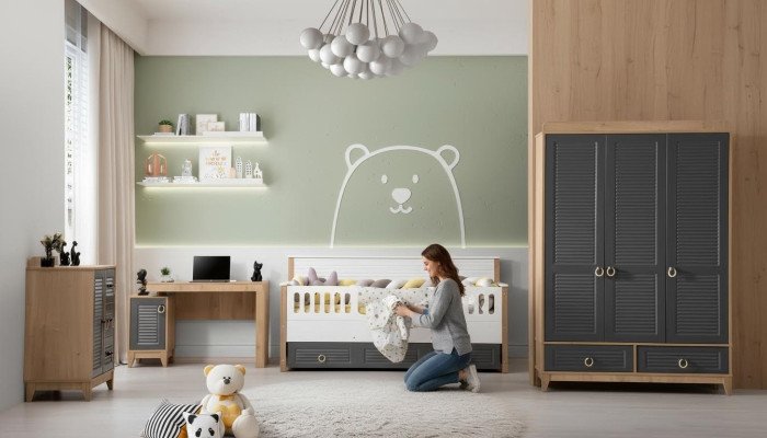 Luxuriös Kindermöbel Garnitur Kinderzimmer Kinderbett Grau Holz Set 4tlg