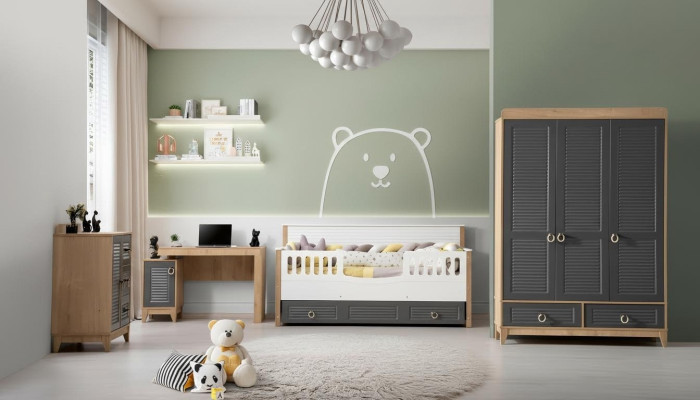Luxuriös Kindermöbel Garnitur Kinderzimmer Kinderbett Grau Holz Set 4tlg
