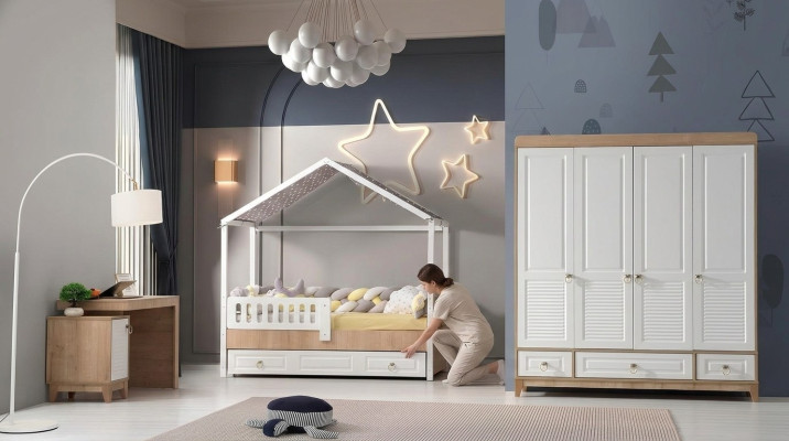 Modern Kinderzimmer Set Bett Kleiderschrank Schreibtisch Helles 3tlg Neu