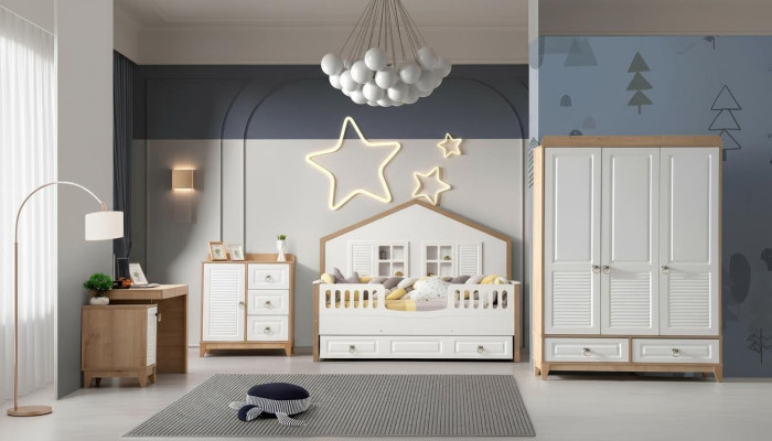 Modern Kinderzimmer Set Bett Kleiderschrank Schreibtisch Helles 4tlg Neu