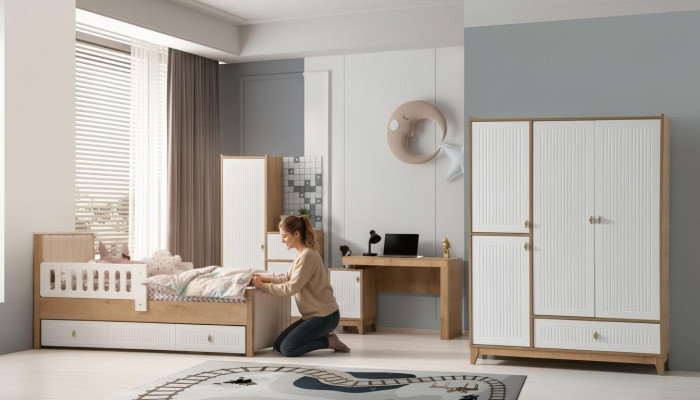 Komplett Kinderzimmer Set Bett 2x Kleiderschrank tisch Helles 4tlg Neu