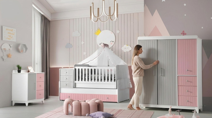 Luxuriös Kinderzimmer Set 3tlg Stilvoll Kommode Schrank Bett Mehrfarbig