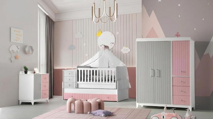 Luxuriös Kinderzimmer Set 3tlg Stilvoll Kommode Schrank Bett Mehrfarbig