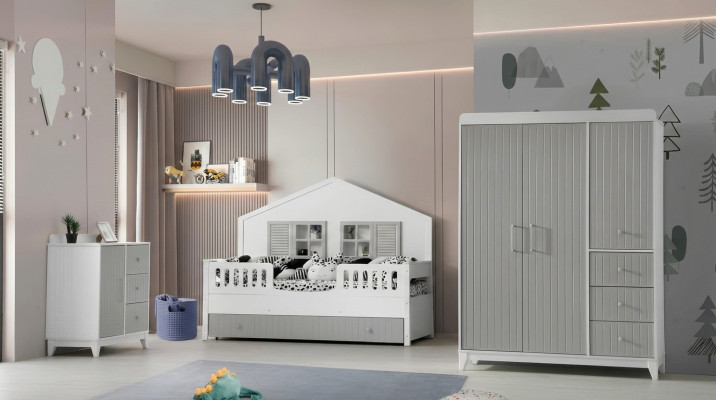 Schickes 3tlg Kinderzimmer-Set: Kommode, Kleiderschrank, Helles Bett