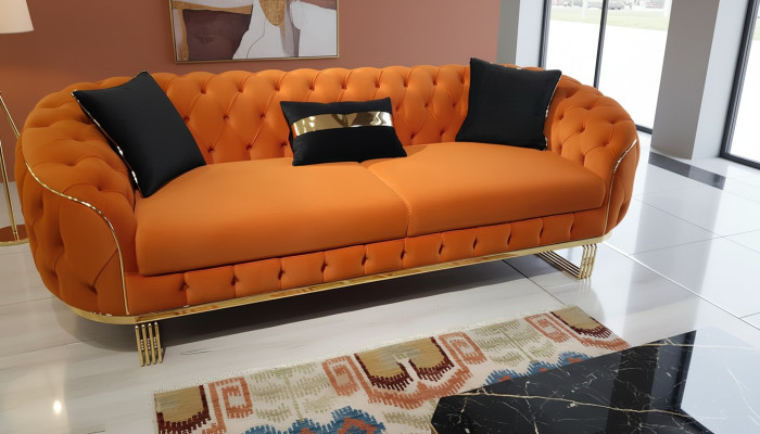 Stilvoll 3-Sitzer Sofa Chesterfield Orangefarbene Modern Wohnzimmermöbel