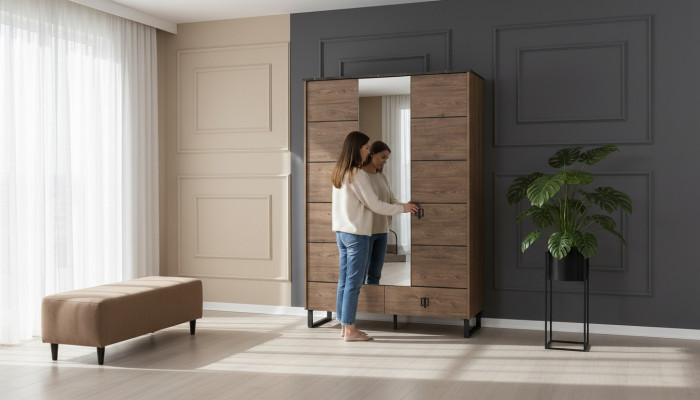 Brauner Kleiderschrank Designer Schlafzimmer Glasschrank Luxus Holz Möbel