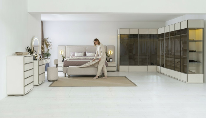 Komplettes Schlafzimmer Set Designer Bett Nachttische Schminktisch 7tlg