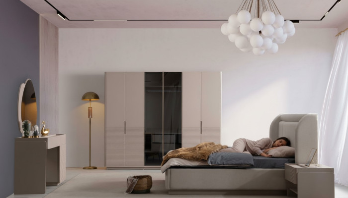Designer Beiges Schlafzimmer Set Bett 2x Nachttische Kleiderschrank 5tlg