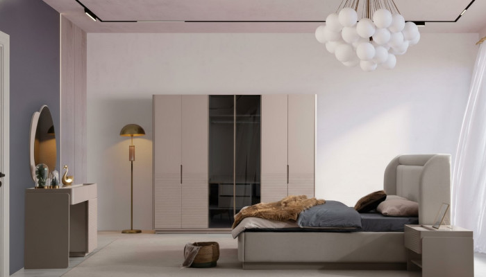Designer Beiges Schlafzimmer Set Bett 2x Nachttische Kleiderschrank 5tlg