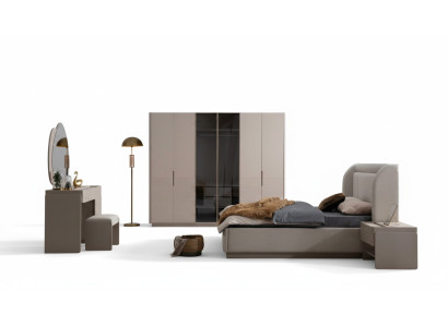 Designer Beiges Schlafzimmer Set Bett 2x Nachttische Kleiderschrank 5tlg