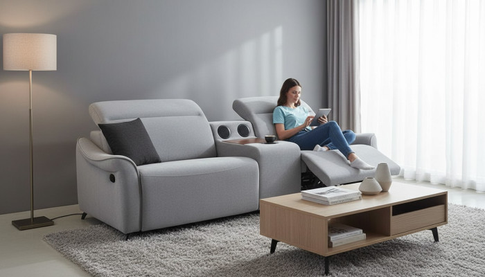  Graues Polster Sofa Designer 3-Sitzer Dreisitzer Mit Musikanlage Modern