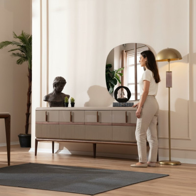Beige Esszimmer Möbel Luxus Holz Anrichte 4-türig Glas Spiegel 2tlg Set