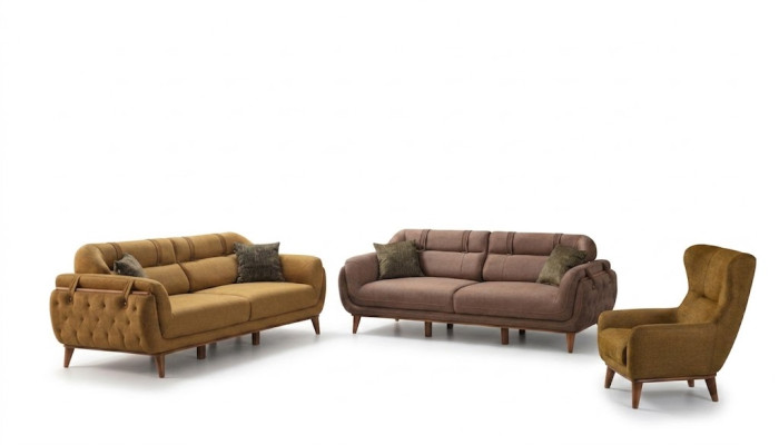 Chesterfield Braue Garnitur Wohnzimmer Sofas 2x Dreisitzer Sessel Möbel