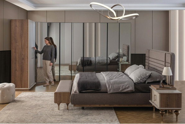 Designer Schlafzimmer Set Doppelbett 2x Nachttische Eckschrank 4tlg