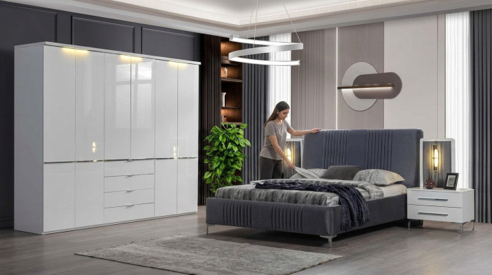 Weiß-Graue Schlafzimmer Möbel Textilbett Nachttisch Kleiderschrank 4tlg