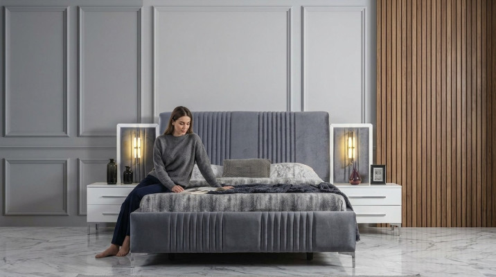 Modernes Graues Doppelbett 2x Holz Nachttische Schlafzimmer Garnitur