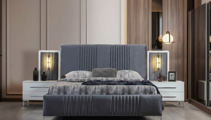 Modernes Graues Doppelbett 2x Holz Nachttische Schlafzimmer Garnitur