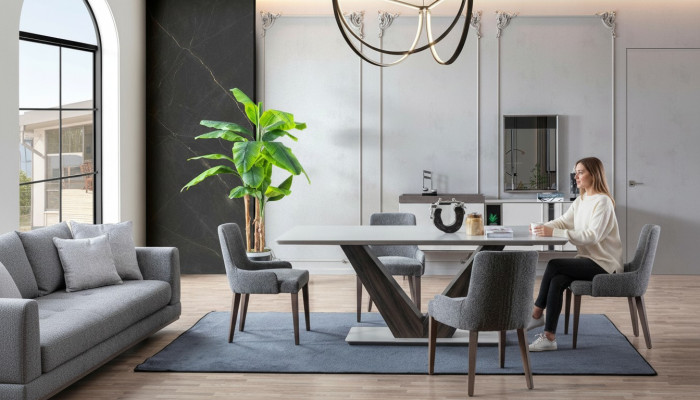 Luxus Esszimmer Set Esstisch 4x Stühle + Anrichte mit Spiegel Neu Set