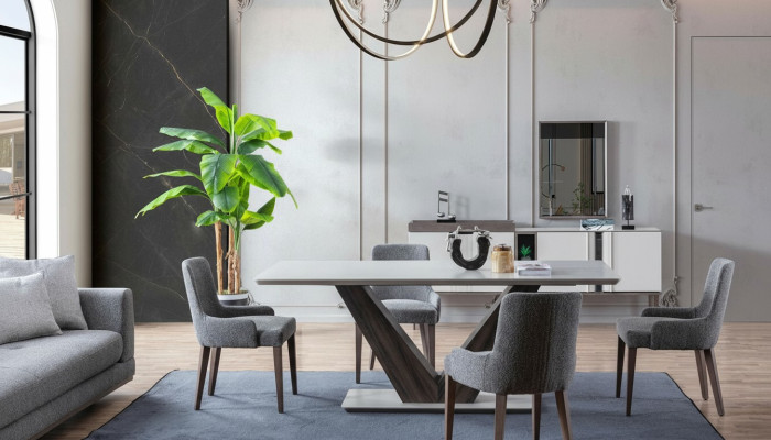 Luxus Esszimmer Set Esstisch 4x Stühle + Anrichte mit Spiegel Neu Set
