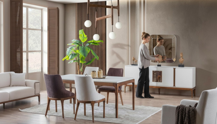 Luxus Esszimmer Set Esstisch 4x Stühle Anrichte Spiegel 7 tlg Modern