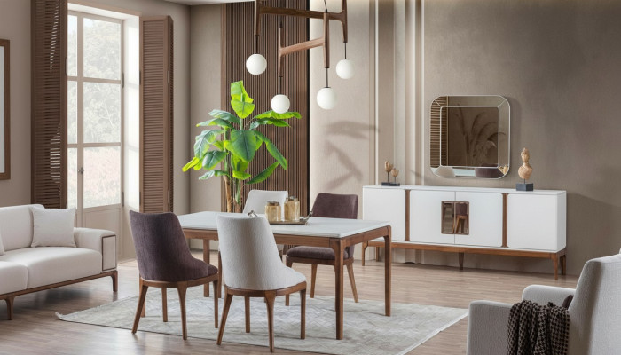 Luxus Esszimmer Set Esstisch 4x Stühle Anrichte Spiegel 7 tlg Modern