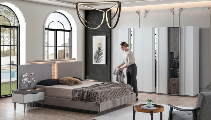 Schlafzimmer Set Modern Bett 2x Nachttisch und Kleiderschrank 4tlg Neu