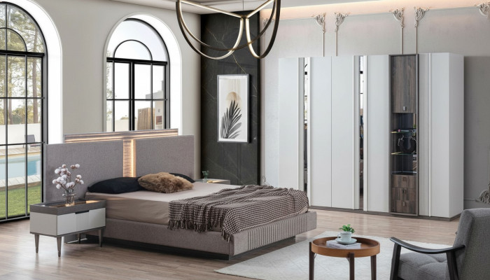 Schlafzimmer Set Modern Bett 2x Nachttisch und Kleiderschrank 4tlg Neu