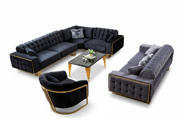 Designer 3tlg.Wohnzimmer set Ecksofa L-form + 3 + 1 Sitzer Luxus Eckcouch
