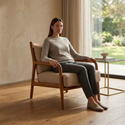 Modern Beige Sessel Wohnzimmer Möbel Luxus Design Polsterung Kunstleder