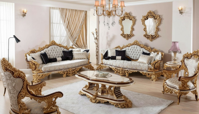 Weiß-Goldene Chesterfield Sofagarnitur 3+3+1 Sitzer Couch Sessel 3tlg