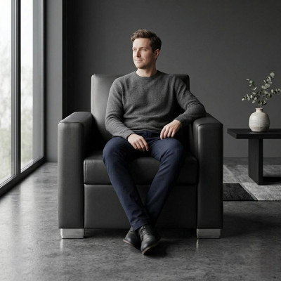 Schwarzer Ledersessel Designer Polster Einsitzer Wohnzimmer Relax Sitzer