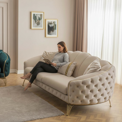 Moderne Chesterfield Beige Wohnzimmer Sofagarnitur x2 3 Sitzer Polstersessel
