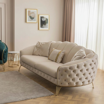 Moderne Chesterfield Beige Wohnzimmer Sofagarnitur x2 3 Sitzer Polstersessel