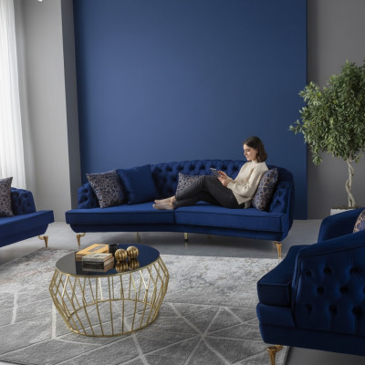 Moderne Blaue Couchgarnitur Luxuriöse Viersitzer Textilsofas Viersitzer